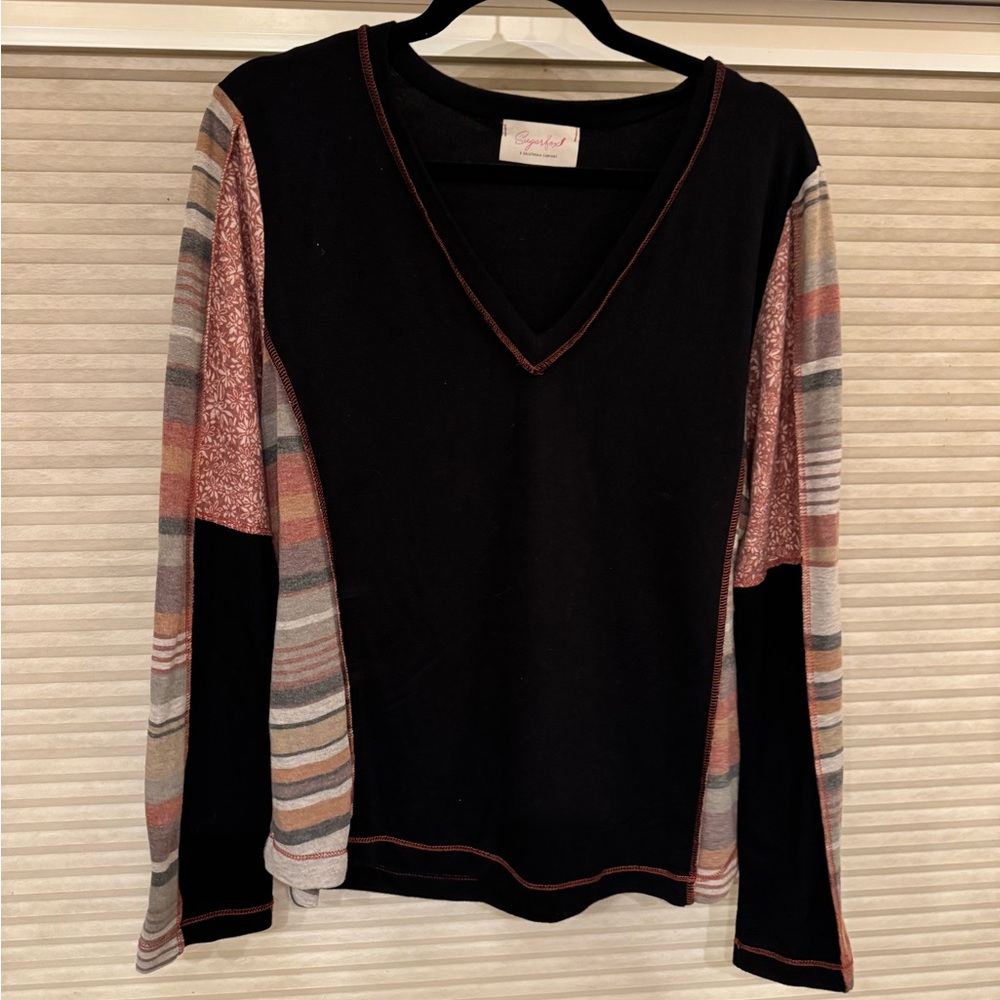 Sugarfox Black Top with Striped Sleeves